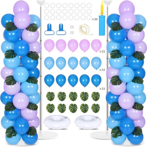 Image of 2 Sets Blue Purple Balloon Column Stand Kit with 99 Blue Purple Foil Balloons 10 Palm Leaf 5.57ft Adjustable Balloon Tower Stand with Bases Adjustable Arch Column for Tropical Birthday Party Decor