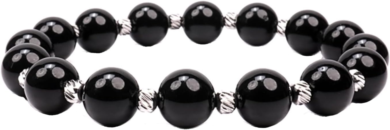 Power Ionics Handmade Beaded Bracelets for Men and Women, Tourmaline, Eye of the Tiger, Obsidian, Lava Stone 10mm Beads and 4mm Stainless Steel, High Elastic 17.5-21cm Size, Mens Beaded Bracelets