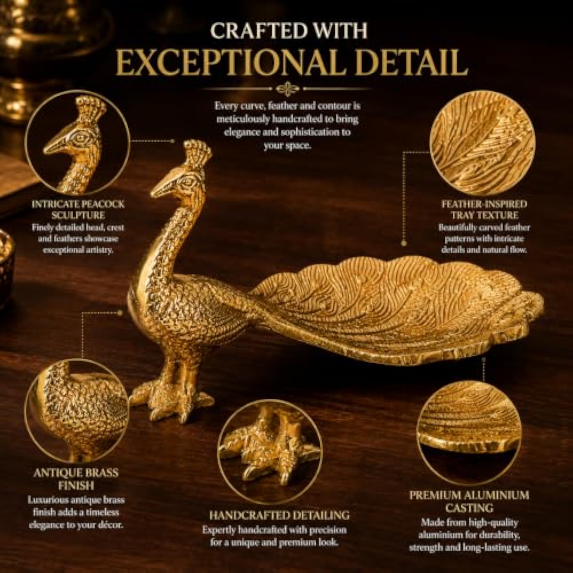 Handcrafted Aluminium Peacock Decorative Tray with Brass Finish