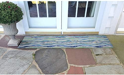 Liora Manne Visions III Contemporary Wave Indoor/Outdoor Runner Rug, 27" X 8', Blue