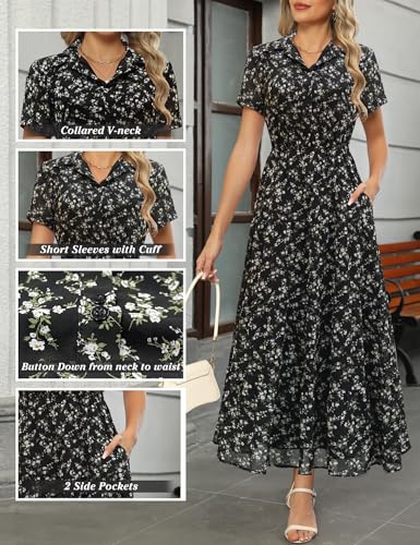 Image of Kranda Women 2026 Summer Collared V Neck Short Sleeve Button Down Chiffon Long Tiered Floral Maxi Dress with Pockets