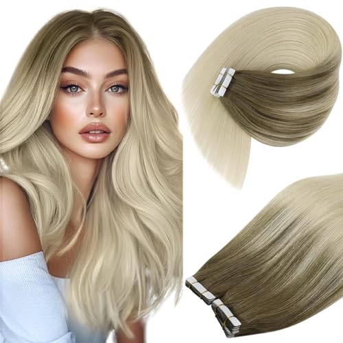Image of Ve Sunny Hair Tape in Hair Extensions Human Hair | Light Brown Root to Platinum Blonde Balayage,Smooth Soft,for Daily Wear,12Inch 30g 20Pcs