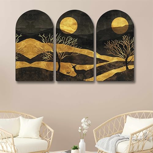 Image of Livin'luxe Golden Moonlight Landscape Wall Art - 3 Panel Modern Painting | Black & Gold Night Scene with Deer, Mountains & Trees | Elegant Wall Decor for Living Room, Bedroom, Office