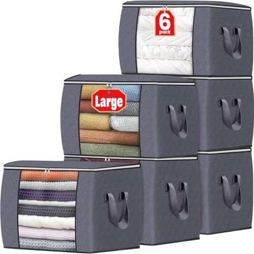 Image of Fab totes 24 Gallons Clothes Storage, Foldable Thick Fabric Blanket Storage Bags, Containers for Organizing Bedroom, Closet, Clothing, Comforter, Organization with Handle (6 Pack,Grey)
