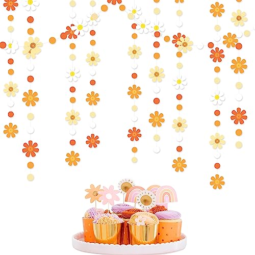 Image of 47.2 Ft Groovy Party Decorations Boho Daisy Polka Dot Garland Streamer Ombre Orange Daisy Banner Cutouts for Birthday Wedding Bridal Shower Spring Summer Fall Retro Hippie Decor Supplies
