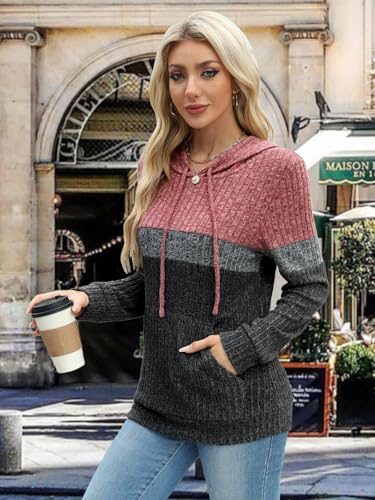 MixShe Women’s Color Block Knit Hoodie – Casual Long Sleeve Pullover Sweater Tops with Pocket