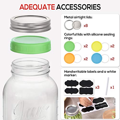 8 Pack Mason Jars 32 Oz, Large Regular Mouth Canning Jars With Metal Airtight Lids And Bands, Extra Leak-Proof Colored Lids, Chalkboard Labels, Marker, For Meal Prep, Food Storage, Canning, Preserving #TOP2