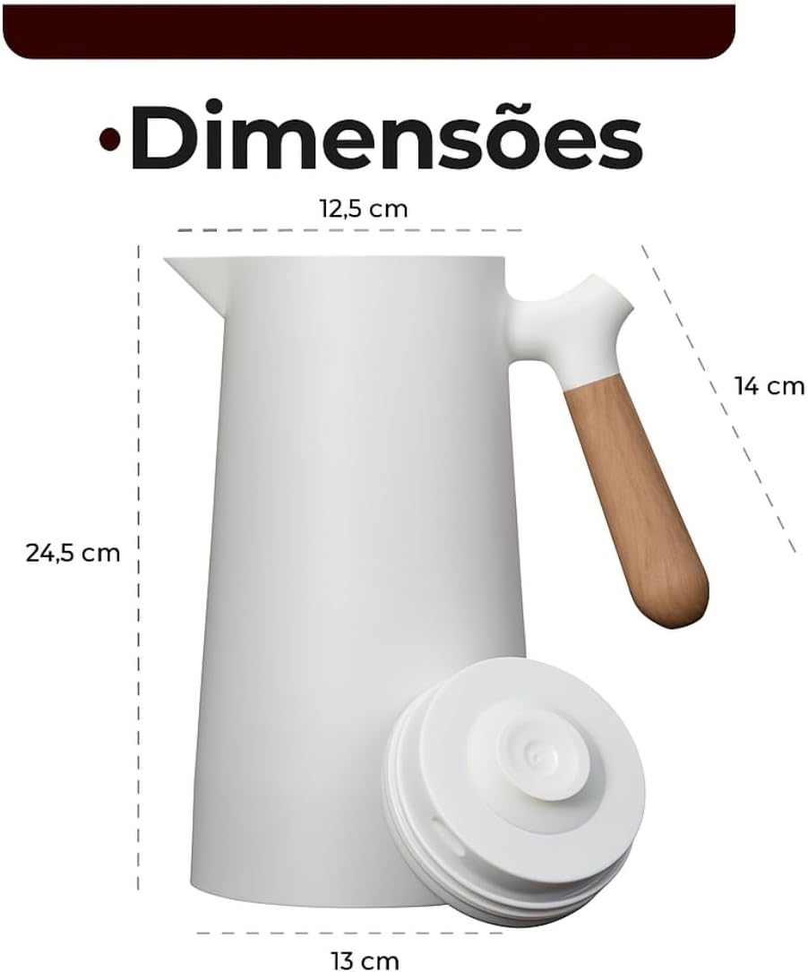 Garrafa Jarra Térmica a Vácuo 1L com Cabo de Madeira Ergonômico e bico antigotejamento – Conserva Café, Chá, Mate ou Água Quente e Fria por Horas com Estilo e Elegância