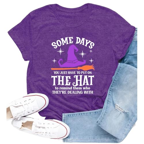 Cutesong Women Halloween Witch Shirts Witch Broom Hat Witchy Party Tee Tops