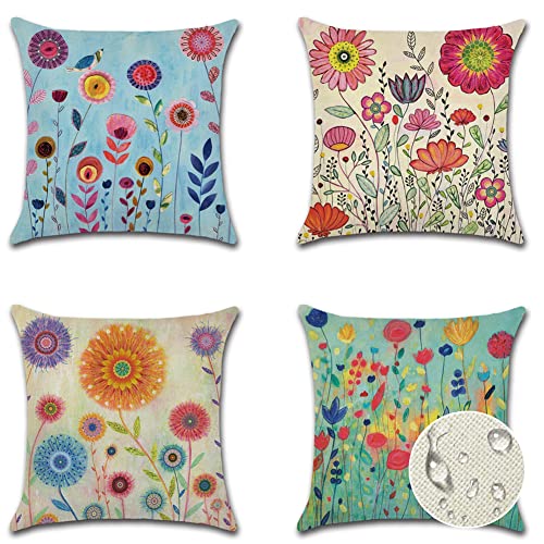 JOTOM Outdoor Waterproof Throw Pillow Covers 45x45 cm Watercolor Floral Decorative Cushion Covers Garden Patio Furniture Pillowcases for Couch Indoor Sofa Bench Farmhouse Home Decor Pack of 4 (Flower)