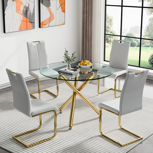 Maxtude Round Glass Dining Table Set for 4, Modern 36" Dining Room Table Set for 4, Gold Glass Kitchen Table with 4pcs White Dining Chairs, 5 Piece Dining Set for Kitchen Living Room