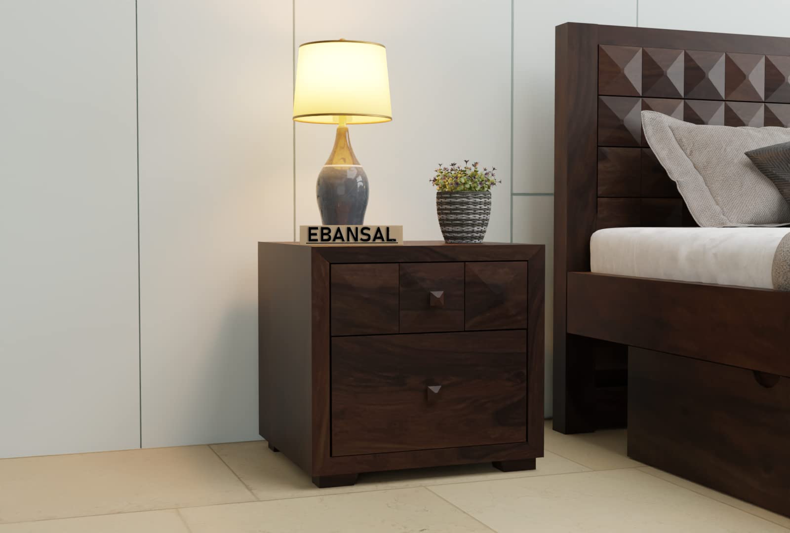 Wooden Bedside Table for Bedroom | Nightstand Side Table with Drawers & Open Shelf Storage for Living Room | Sheesham Wood, Walnut-image-46