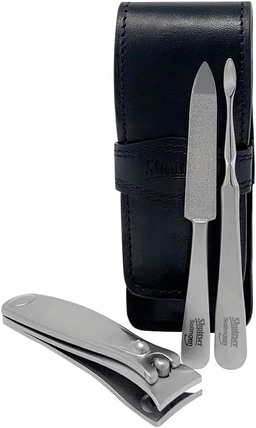 Shpitser Solingen Luxuries TopInox Surgical Stainless Steel German Hand Sharpened Manicure Pedicure Travel Set Grooming kit In Italian Leather Case Made in Solingen Germany (Black)