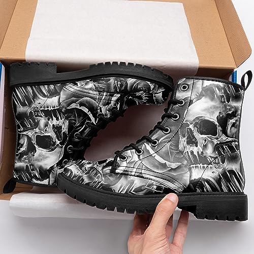 Image of Custom Black Combat Boots for Women Fashion Lace-Up Skull Rose Ankle Booties Chunky Heel Platform Leather Boots