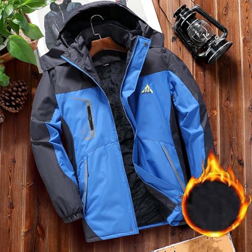Mens Waterproof Jackets with Detachable Hood Fleece Windproof Rain Jacket Color Blocked Hooded Raincoat Thick Warm Winter Outdoor Sportswear Camping Hiking Ski Jackets Plus Size - Image 2