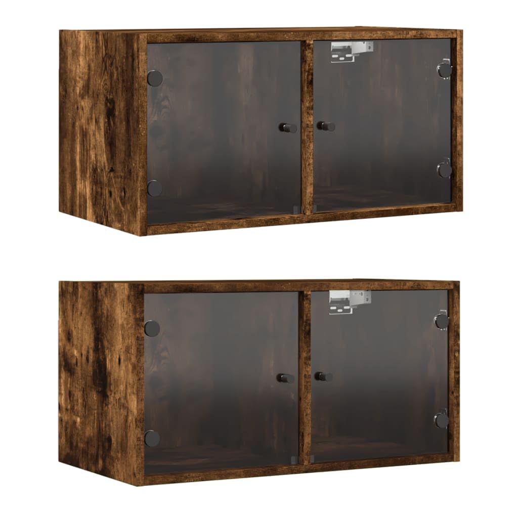 2er Set Wandschränke mit Glastüren Räuchereiche 68,5x37x35 cm Büro Schrank klein Modernes Design für Schlafzimmer Küche und Homeoffice