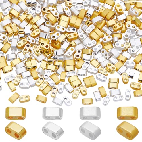 CREATCABIN 400Pcs 2 Hole Half Tila Beads 24K Gold Plated Seed Beads Bulk Silver Rectangle Metallic Flat Mini Opaque Electroplated Hematite for Craft Bracelet Necklace Earring Jewelry Making 2mm