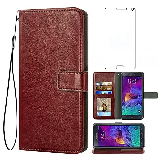 Asuwish Compatible with Samsung Galaxy Note 4 Wallet Case Tempered Glass Screen Protector and Leather Flip Cover Card Holder Phone Cases for Glaxay Note4 Gaxaly N910A Not Notes Four Women Men Brown