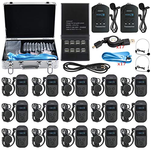 Sistema inalámbrico para guías turísticos EXMAX EXD-101 de 2,4 GHz: 2 transmisores, 15 receptores y cargador multitoma de 16 puertos con estuche de almacenamiento plateado miniatura 1