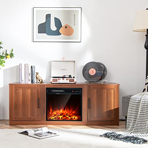 Tangkula Electric Fireplace Tv Stand For Tvs Up To 65 Inch,With 18 Inch 1500W Faux Fireplace,Built-In Thermostat, 5 Level Brightness, Remote Control And Timer,Fireplace Stand For Living Room (Brown) #TOP2