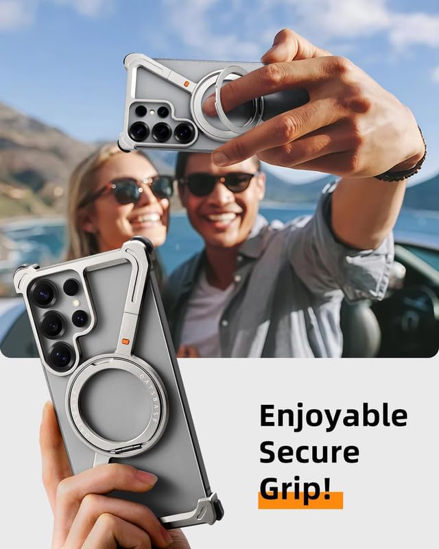 Image of Z Shaped Metal Frameless 360 Rotatable Ring Metal Bumper Case with Kickstand for Samsung Galaxy S25 Ultra Case Compatible with Wireless Charging | Luxury Aluminum Armor (Silver)