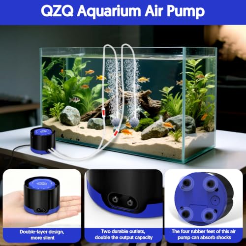 Image of QZQ Aquarium Air Pump, Quiet Fish Tank Air Pump with Dual Outlets, Powerful Adjustable Oxygen Pump with Accessories, Aquarium Bubbler Aerator for Fish Tank Up to 40 Gallon (2.5W)