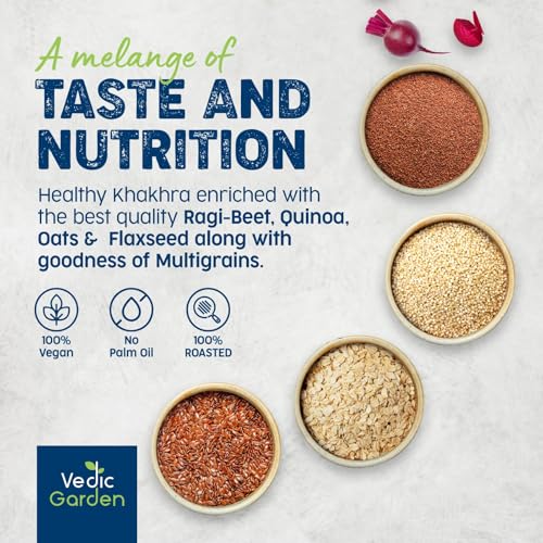 Image of Vedic Garden Multigrain Khakhra 4 Flavor Combo - Flaxseed, Oats, Quinoa, Ragi & Beetroot | 100% Roasted | No Palm Oil | High Protein & Fibre | Healthy Diet Snack for Weight Loss | Crispy Indian Namkeen - 2 Qty