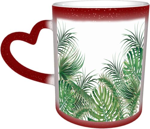 DOHXQM Taza Café cerámica, Taza de café con efecto térmico y cambio de color 330 ml Taza Mágica Regalo interesante,Fondo floral de verano con hojas de palmeras tropicales y hojas de monstera. Papel tz