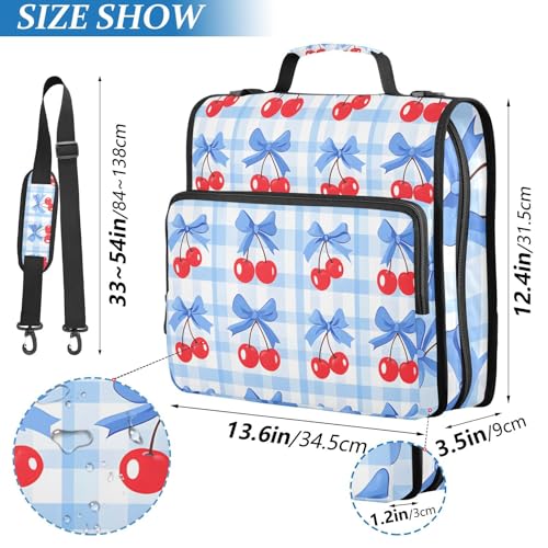 Image of 3 Ring Zipper Binder with Shoulder Strap Cherry Blue Bow 1.5 inch Binders Keeper Large Capacity Multi Pockets for School Office Supplies