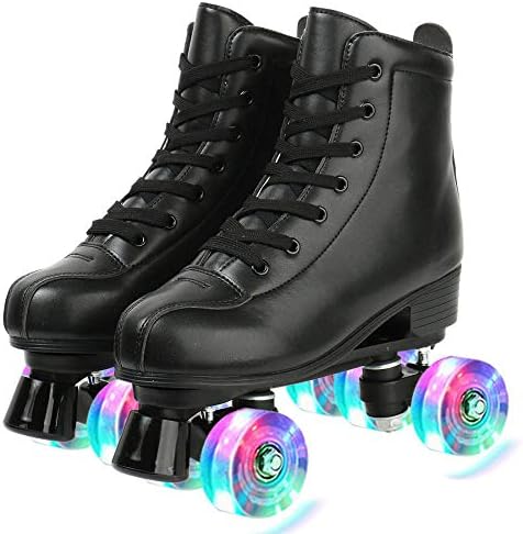 YYW Roller Skates for Women Men, High Top PU Leather Classic Double-Row Indoor Outdoor Roller Skates for Beginner a Shoes Bag (Black Flash Wheel, 37) - 1