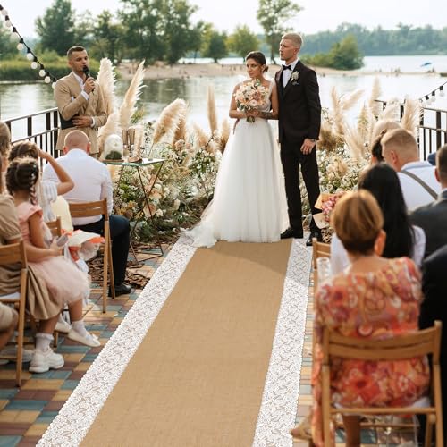 Image of 20Ftx36 in Natural Burlap Wedding Aisle Runner, Jute Weddings Runway Carpet | Rustic Ceremony Burlap Carpet Roll, Runway Carpet with Lace for Beach Garden Church Reception Craft Decoration