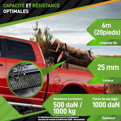 HARDTWERK® Lot de 4 Sangles d'arrimage à cliquet - 6m, Force de préhension 1000 kg - Certifiées TÜV & GS - Sangles d'arrimage polyvalentes pour Un Usage Professionnel - Remorque, Bagage et Camping – vue 3