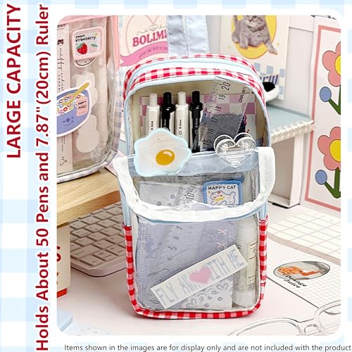 Image of Cute Pen case Adorable Bunny Transparent 3-Layer Large Capacity Pencil Case Gadget organizer with Lovely Stickers (Black Plaid)