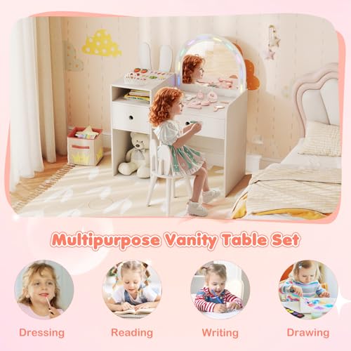 Image of HONEY JOY Kids Vanity with Lights, Rabbit Themed Princess Makeup Dressing Desk, Storage Cabinet, Wooden Pretend Play Toddler Vanity Table & Chair Set with Lighted Mirror for Little Girls (White)