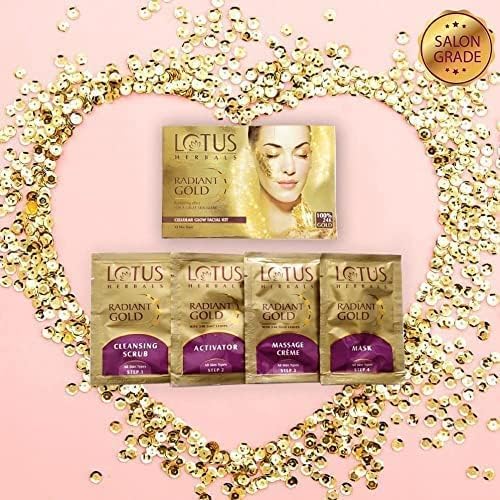 Lotus Herbals Radiant Gold Facial Kit For Instant Glow With 24K Pure Gold & Papaya,4 Easy Steps (4 Use)