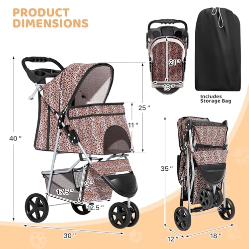 Image of Magshion 3-Wheel Pet Stroller, Foldable Travel Jogger for Small & Medium Dogs & Cats (Up to 33lbs), Lightweight Carrier with Breathable Mesh Cover, Cup Holder & Storage Basket, Leopard Print