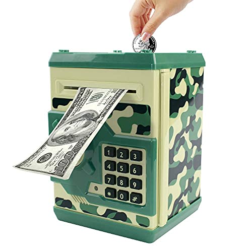 Totola Piggy Bank Electronic Mini ATM for Kids Baby Toy, Auto Scroll Paper Money Safe Coin Banks Saving Box Password Code Lock for Children,Boys Girls Best Birthday Gift (Camouflage Green)