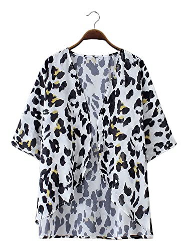 Image of Chunoy Women Leopard Printed Lightweight Kimono Cardigan Half Sleeve Shawl Chiffon Beach Wear Cover Up Snow White Large