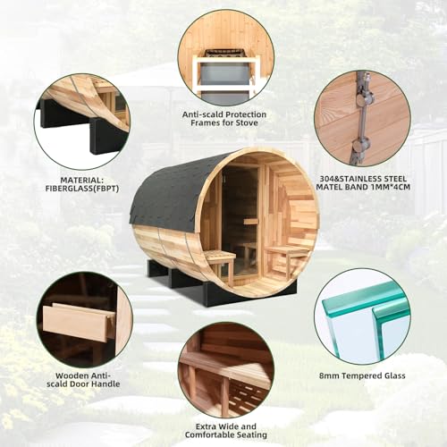 Smartmak Customized Outdoor Wood Barrel Steam Sauna, 2-10 Person Home Traditional Canadian Wooden Spa Room, with DIY Heating Stove, Rocks, Water Bucket, Spoon, Light, for Backyard, Garden, 195 ℉ - Thumbnail 7