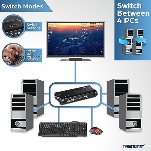 Image of TRENDnet 4-Port USB KVM Switch, TK-407K, Control Up to 4 Computers, Windows, Linux, Mac OS Compliant, 2048 x 1536 VGA Resolution, NDAA & TAA Compliant, KVM Cables Included, Black