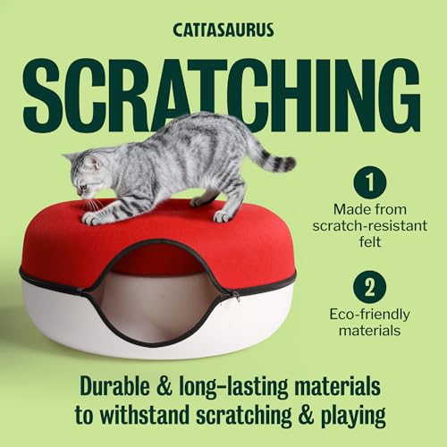 Image of Cattasaurus Peekaboo Cat Cave Donut for Multiple & Large Cats up to 30-45 lbs, 3-in-1 Self Warming Cat Bed, Tunnel & Scratcher for Indoor Cats, Washable & Detachable Dog Bed (Ruby Snowball, Large)