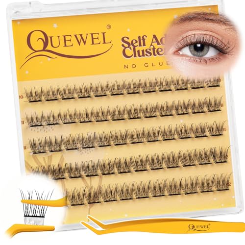 QUEWEL Pre-Glued-Cluster-Lashes Kit Natural Lash Clusters, D Curve Pre Glued Eyelashes, Strong Hold 10-16MM No Glue Needed Self Adhesive Lashes Kit at Home(MJ06)