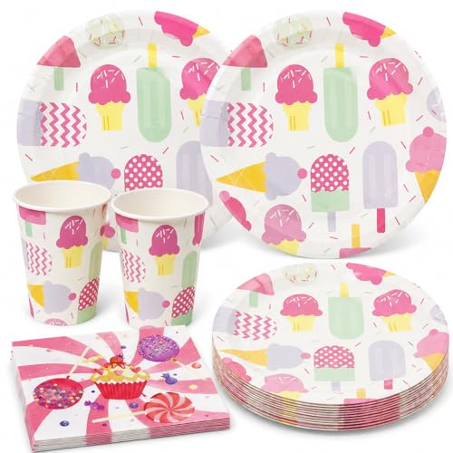 Image of Rozi Decoration 30 Pcs Ice Cream & Candy Theme Party Supplies - Includes 10 Dessert Plates, 10 Paper Cups, 10 Napkins - Fun & Colorful Birthday Party Tableware Set | Ice Cream Theme Birthday Supplies