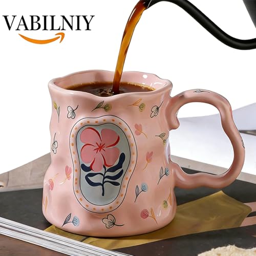 Taza de cerámica irregular con diseño floral 13.5 oz miniatura 4
