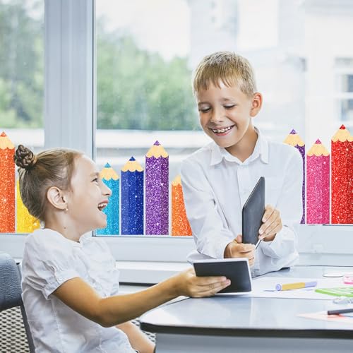 Image of Whaline 9 Sheet Back to School Colorful Glitter Pencil Window Clings Sparkly Rainbow Pencil Reusable Window Decals for First Day of School Home Nursery Classroom Decor