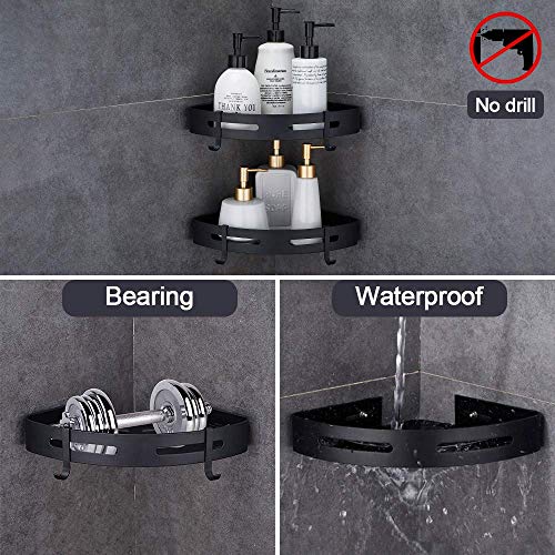 GERUIKE Bathroom Corner Shelves No Drilling Adhesive Shower Shelf Matt Black Shower Caddy Basket Wall Mounted Shower Storage for Kitchen & Bathroom Organiser 2 Pack, Aluminium - Image 3