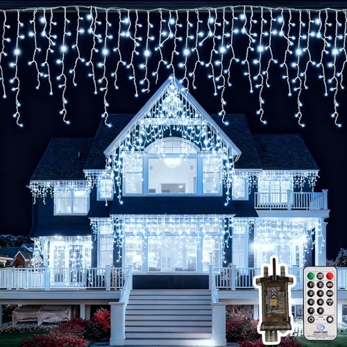 Icicle Outdoor Christmas Lights, 624LED 15M Mains Powered Waterproof Fairy Lights with Remote/Timer/8 Lighting Modes, Connectable Icicle Ice String Lights for Xmas Roof House Garden Decor (Cool White)