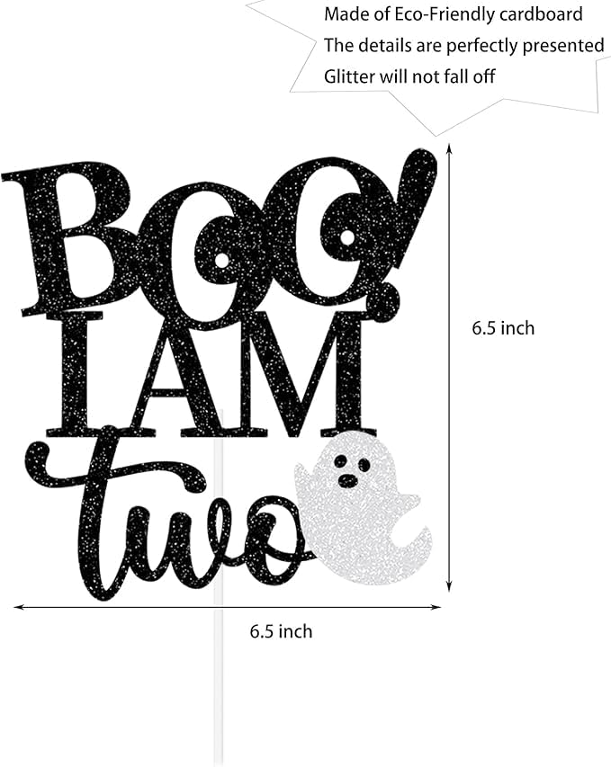 Image of Boo I'm Two Cake Topper | 2nd Birthday Party Black Glitter Cake Topper | Second Birthday Photo Props | Halloween Party Decoration Supplies | Cake Decorations With Ghost