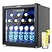 EUHOMY Getränkekühlschrank, Mini Kühlschrank mit Glastür, Bierkühler, Tisch-Getränkekühlschrank für 55 Dosen, Schwarz Freistehender Kühlschrank mit LED, 43dB, für Büro, Zimmer, Bar, 36L, Geräuscharm