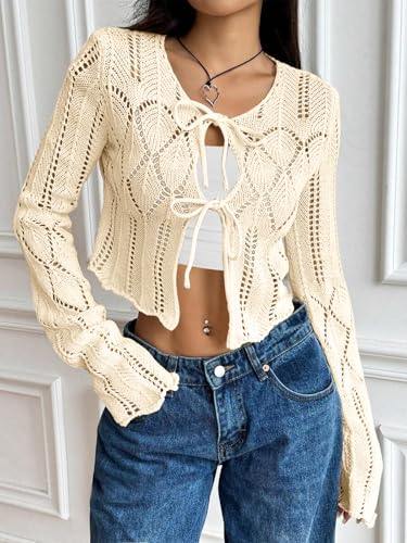 Image of Women's Tie Front Lightweight Cardigan Long Sleeve Crochet Hollow Out Knit Boho Cardigan
